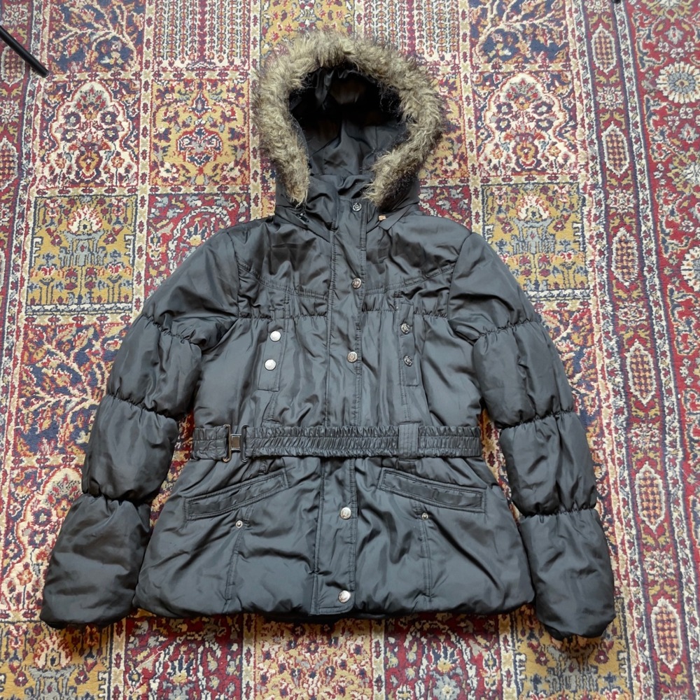 VTG 00s Dollhouse Black Satin Puffer Jacket Fur Hood‎ Belted Winter XL slim